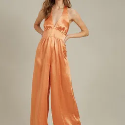 DOROTHY PERKINS Coral Orange Satin Halter Neck Wide Leg Jumpsuit-image-82