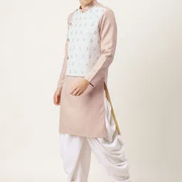 Ethnovog Men Pink  White Embroidered Made To Measure Kurta with Dhoti Pants-15