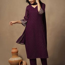 Sangria Foil Printed V-Neck Straight Kurta & Trouser With Dupatta-image-10
