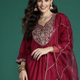 Indo Era Floral Embroidered Pleated Thread Work Liva Kurta With Trousers & Dupatta-image-20