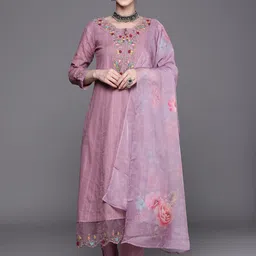 Indo Era Floral Embroidered Regular Thread Work Pure Cotton Kurta With Trousers & Dupatta-picture-57