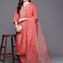 Indo Era Women Floral Embroidered Regular Sequinned Kurta with Trousers & With Dupatta-image-32