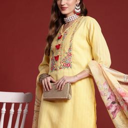 Indo Era Women Embroidered Regular Thread Work Pure Cotton Kurta with Trousers & With Dupatta-46