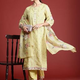 Indo Era Floral Embroidered Thread Work Linen Kurta with Trousers & With Dupatta-picture-42