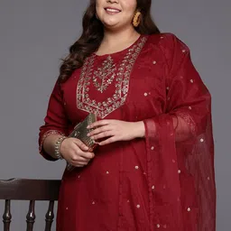 Indo Era Women Plus Size Floral Yoke Design Regular Kurta with Trousers & With Dupatta-picture-0
