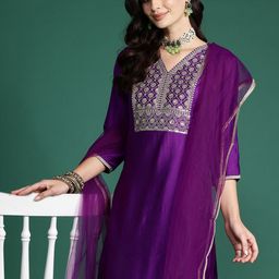 Indo Era Floral Sequinned Liva Kurta with Trousers & With Dupatta-image-78