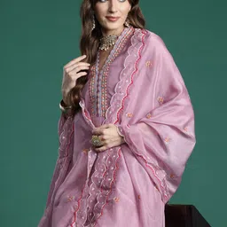 Indo Era Floral Embroidered Thread Work Kurta with Trousers & With Dupatta-image-81
