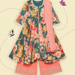 Biba Girls Teal Floral Printed Kurti with Palazzos & With Dupatta-image-94