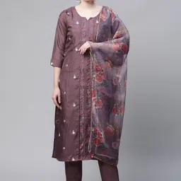 SERONA FABRICS Women Purple Floral Embroidered Silk Chiffon Kurta with Trousers & Dupatta-9