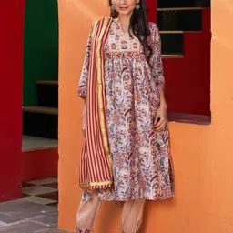 Biba Floral Printed Chanderi Cotton Kurta & Trousers With Dupatta-picture-12