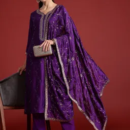 Indo Era Floral Embroidered Sequinned Kurta With Trousers & Dupatta-47