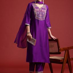 Indo Era Ethnic Motifs Yoke Design Liva Kurta With Trousers & Dupatta-27