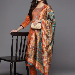 Varanga Rust & Blue Embroidered Kurta with Trousers & With Dupatta image 3