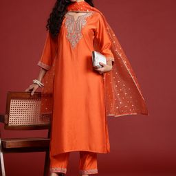 Indo Era Paisley Yoke Design Zari Liva Kurta With Trousers & Dupatta-28