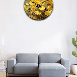 OLIVE TREE Yellow & Green Printed Wooden Round Shaped Contemporary Wall Clock-8