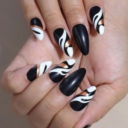 Secret Lives Set Of 24 Glossy Almond Shape With Golden Strips Nails - Black & White-image-46