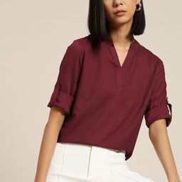 her by invictus Burgundy & Grey Print Mandarin Collar Roll-Up Sleeves Top-image-58