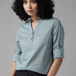 The Roadster Lifestyle Co. Geometric Printed Roll-Up Sleeves Pure Cotton Shirt Style Top-picture-40