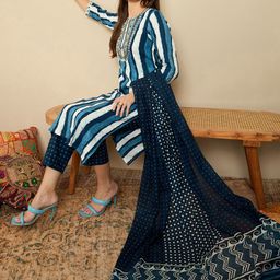 Indo Era Striped Sequinned Straight Kurta With Trousers & Dupatta-image-28