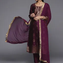 Varanga Women Purple Ethnic Motifs Woven Design Kurta with Trousers & Dupatta-picture-22