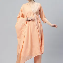 Yuris Embroidered Angrakha Thread Work Pure Cotton Kurta with Trousers & With Dupatta-image-17