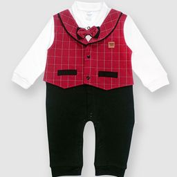 Moms Love Infant Boys Maroon & Black Checked Pure Cotton Rompers with Attached Waistcoat-13