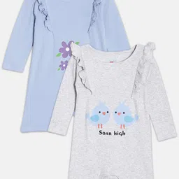 Broon Girls Grey & Blue Pack of 2 Printed Organic Cotton Rompers-40