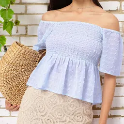 DressBerry Stylish Darling Smocked Off-Shoulder Textured Peplum Top-image-82