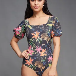 Miss Chase Floral Print Square Neck Puff Sleeve Bodysuit Top-image-9