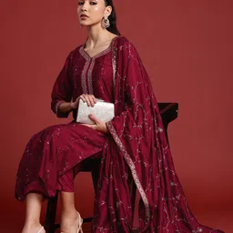 Indo Era Floral Embroidered Zari Kurta With Trousers & Dupatta-54