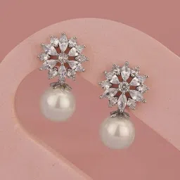 Carlton London Women Silver-Plated Pearl Studded Floral Drop Earrings-56