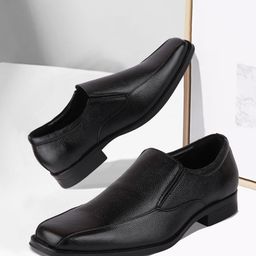 FAUSTO Men Black Solid Leather Formal Slip-Ons-image-65