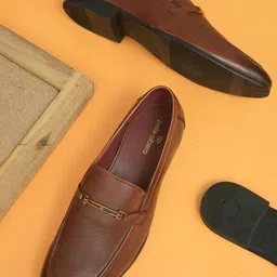 pelle albero Men Tan Brown Textured Leather Formal Slip-Ons-image-74