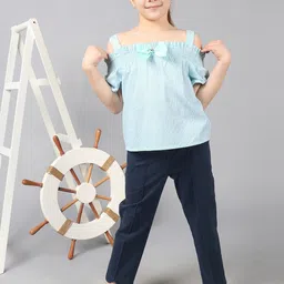 One Friday Girls Striped Ruffle Sleeves Cotton Smocked Top-image-81