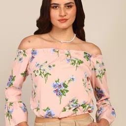 DODO & MOA Floral Print Off-Shoulder Bell Sleeve Crepe Bardot Top-image-58