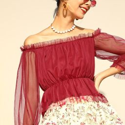 BAESD Off-Shoulder Puff Sleeve Net Bardot Top-image-84