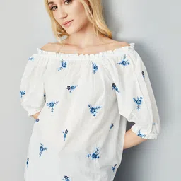 max Floral Print Off-Shoulder Flared Sleeve Cotton Bardot Top-27