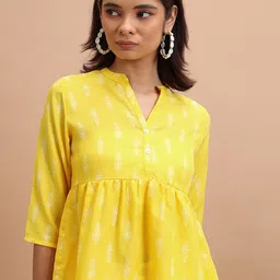 KETCH Ethnic Motif Printed Mandarin Collar Gathered A-Line Top-image-96