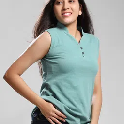 Dream of Glory Inc Women Green Mandarin Collar Pure Cotton Tank Top-18