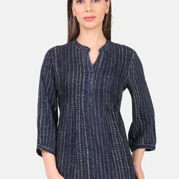IX IMPRESSION Striped Printed Mandarin Collar Longline Top-picture-46
