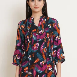 IX IMPRESSION Women Plus Size Black & Pink Floral Print Mandarin Collar Longline Top-image-14