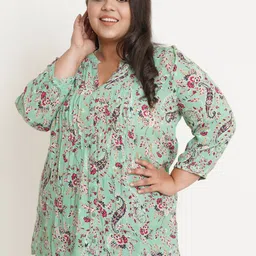 IX IMPRESSION Women Plus Size Green & Pink Floral Printed Mandarin Collar Top-image-10