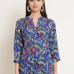 IX IMPRESSION Blue Floral Print Mandarin Collar Top-image-85