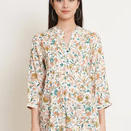 IX IMPRESSION Women Plus Size Off White & Blue Floral Print Mandarin Collar Longline Top-image-65