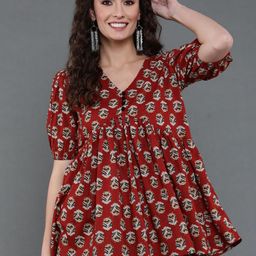 antaran Ethnic Motifs Printed Puff Sleeve A-Line Cotton Top-image-46