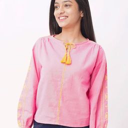 edheads Girls Pink & Orange Tie-Up Neck Pure Cotton Top-image-68