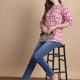 GRACIT Geometric Printed Band Collar Cotton Top-image-6