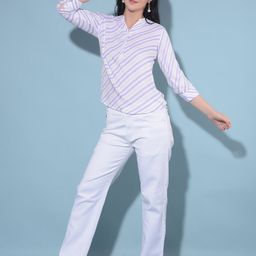 Crimsoune Club Striped Mandarin Collar Cotton Top-image-12