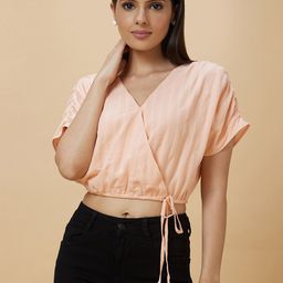 Globus Peach-Coloured V-Neck Waist Tie-Up Ruched Sleeve Cotton Crop Top-image-60