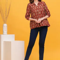 Vilgi Women Ethnic Motif Printed Puff Sleeve Organic Cotton Top-image-55
